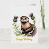 水彩色オッターとティスル誕生日 箔グリーティングカード (正面)