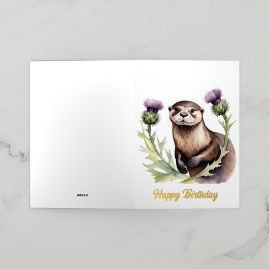 水彩色オッターとティスル誕生日 箔グリーティングカード (外側レイダウン)