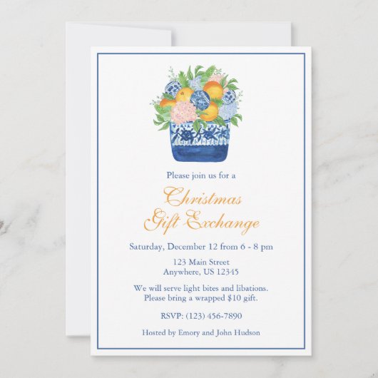 水彩色クリスマスシノエリーマンダリンズパーティー 招待状 (正面)