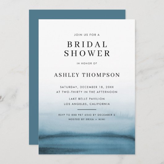 水彩色グラデーションネイビーブルーモダンブライダルシャワー 招待状 (正面/裏面)