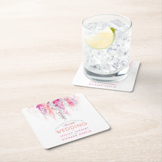 水彩色コーラルオレンジピンクカスタムウェディング スクエアペーパーコースター (インサイチュ)