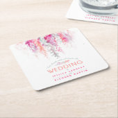 水彩色コーラルオレンジピンクカスタムウェディング スクエアペーパーコースター (アングル)