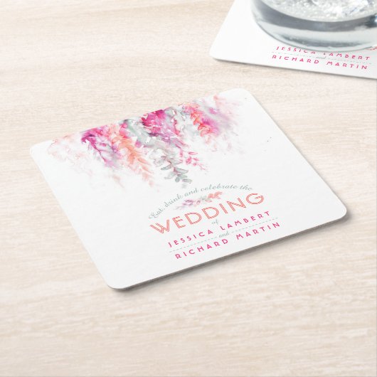水彩色コーラルオレンジピンクカスタムウェディング スクエアペーパーコースター (アングル)