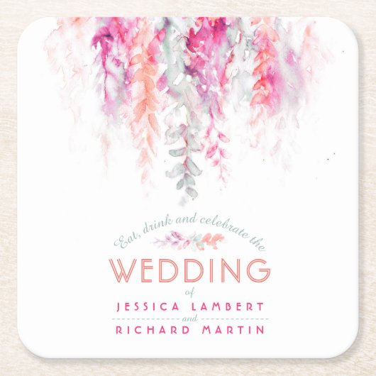 水彩色コーラルオレンジピンクカスタムウェディング スクエアペーパーコースター (正面)
