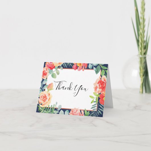 水彩色コーラルフローラグリーナリー結婚ネイビー サンキューカード (正面)