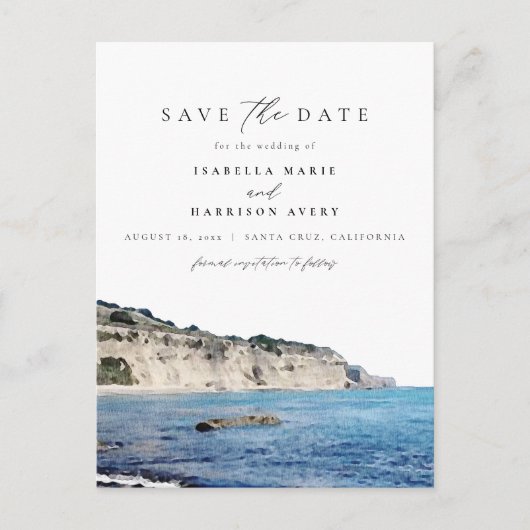 水彩色サンタクルーズカリフォルニアビーチスカイライン ポストカード (正面)