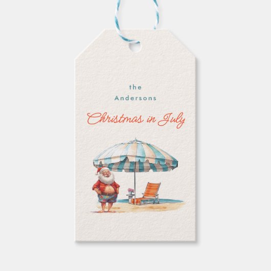 水彩色サンタクロースビーチクリスマス7月 ギフトタグ (正面)
