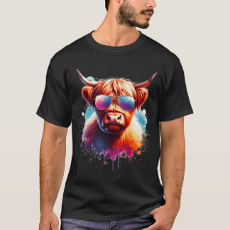 水彩色スコティッシュハイランドカウサングラスをかぶった牛 Tシャツ