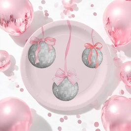 水彩色ピンクボウリボン銀色ディスコボール ペーパープレート