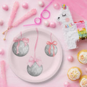 水彩色ピンクボウリボン銀色ディスコボール ペーパープレート (パーティー)