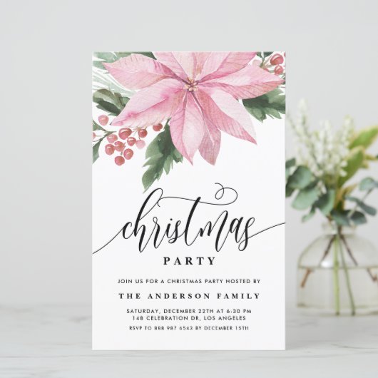 水彩色ピンクポインセチアクリスマス招待状 (スタンド正面)