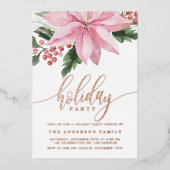 水彩色ピンクポインセチア&ホリーホリデーパーティー 箔招待状 (正面)