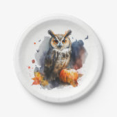 水彩色フクロウのハロウィン ペーパープレート (正面)
