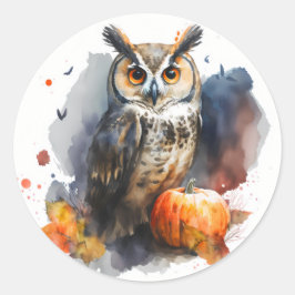 水彩色フクロウのハロウィン ラウンドシール