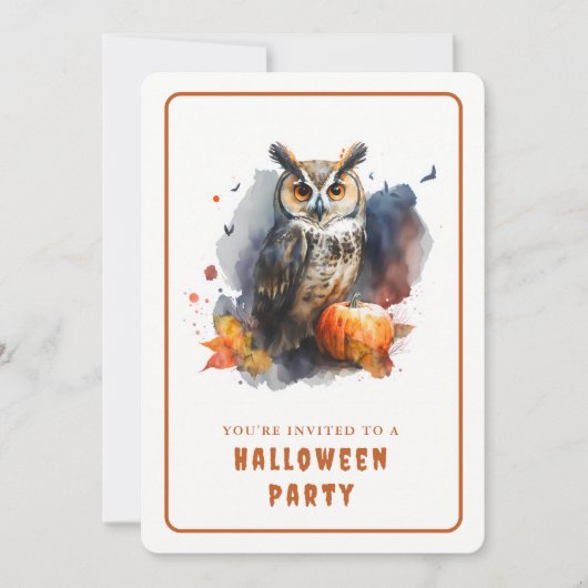 水彩色フクロウハロウィーン招待状カード 招待状 (正面)