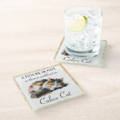 水彩色ペットの三毛猫と金ゴールド枠 ガラスコースター (アングル)