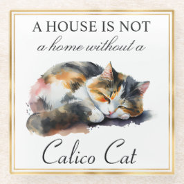 水彩色ペットの三毛猫と金ゴールド枠 ガラスコースター