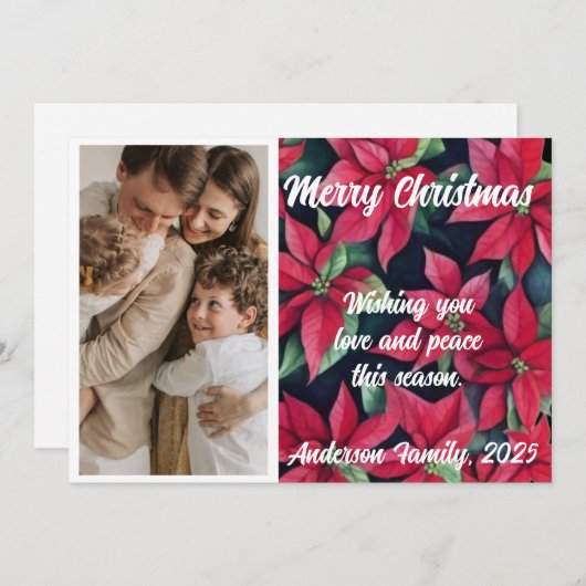 水彩色ポインセチアカスタム写真クリスマス シーズンカード (正面/裏面)