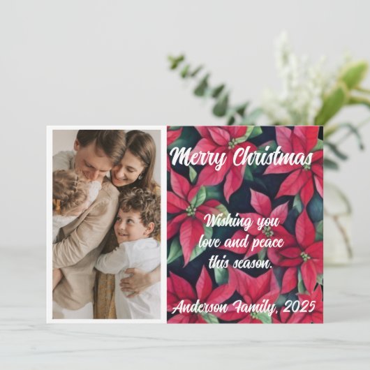 水彩色ポインセチアカスタム写真クリスマス シーズンカード (スタンド正面)