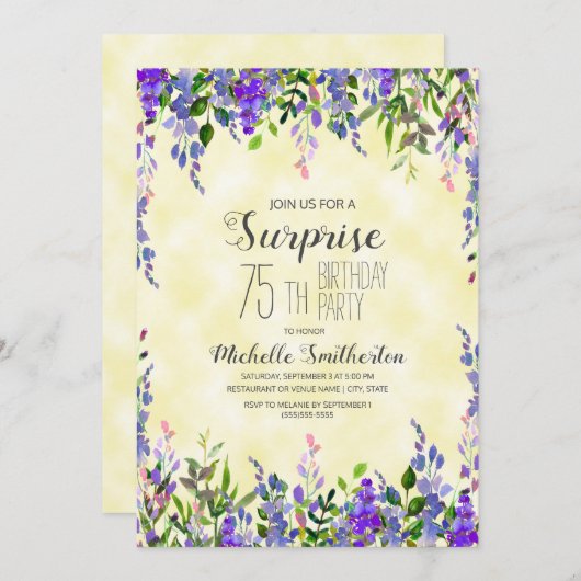 水彩色ラベンダーイエローサプライズ75誕生日 招待状 (正面/裏面)