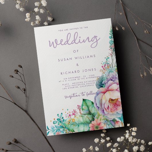 水彩色ラベンダーピンクミントサンゴ結婚フローラ 招待状