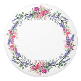 水彩色ラベンダーピンクワイルドバラとユーカリ セラミックノブ