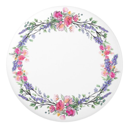 水彩色ラベンダーピンクワイルドバラとユーカリ セラミックノブ (正面)