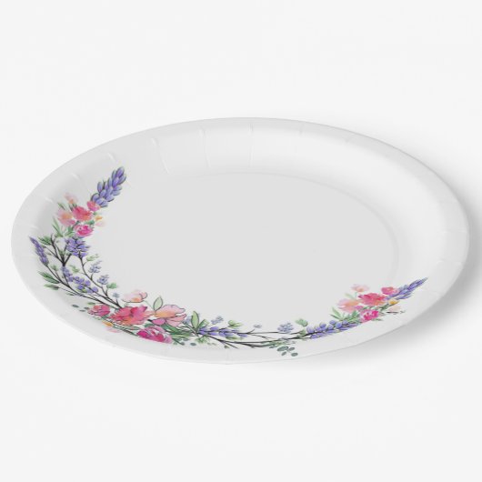 水彩色ラベンダーピンクワイルドバラとユーカリ ペーパープレート (アングル)