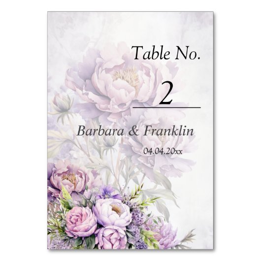 水彩色ラベンダーピーニー結婚ズ テーブルナンバー (正面)