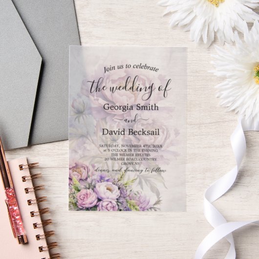 水彩色ラベンダーピーニー結婚ズ ベラム紙招待状 (ウェディング)