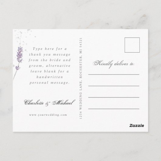 水彩色ラベンダー結婚の花の感謝してい写真 ポストカード (裏面)