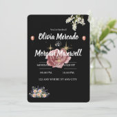 水彩色桃色野花 花卉 黑色婚礼 招待状 (スタンド正面)