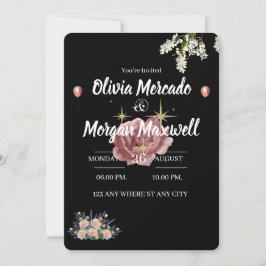 水彩色桃色野花 花卉 黑色婚礼 招待状