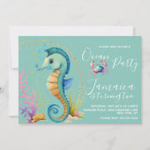水彩色海馬 海洋海灘生日派對 招待状 (正面)
