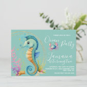 水彩色海馬 海洋海灘生日派對 招待状 (スタンド正面)