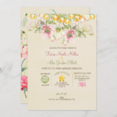 水彩色結婚すべて1つのピンクの緑の黄色 招待状 (正面/裏面)