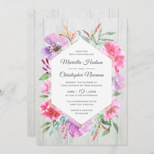 水彩色結婚春ブーケデクページ招待状 招待状 (正面/裏面)