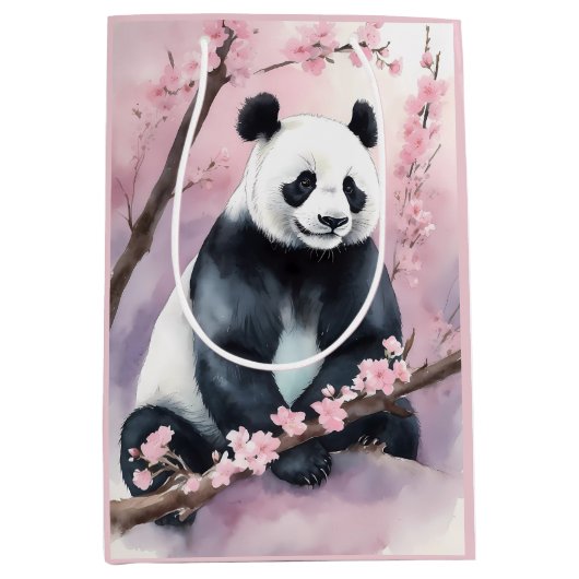 水彩色絵を描パンダ熊 ミディアムペーパーバッグ (正面)