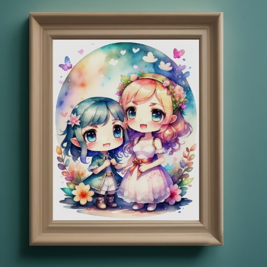 水彩色絵画かわいいチビ(小さくかわいく書いた感じ)2 Female II ポスター