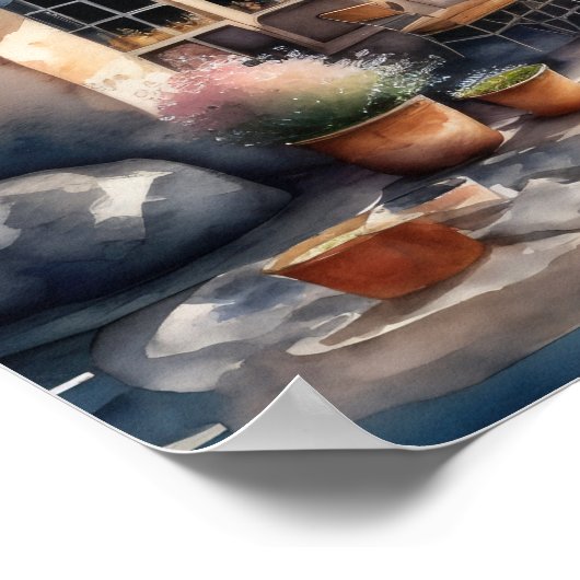 水彩色絵画のヨーロッパ地方カフェ ポスター (角)