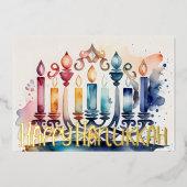 水彩色絵画抽象芸術ハヌカー（ユダヤ教）メノラー 箔シーズンカード (正面)