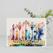 水彩色絵画抽象芸術ハヌカー（ユダヤ教）メノラー 箔シーズンカード (立ち正面)