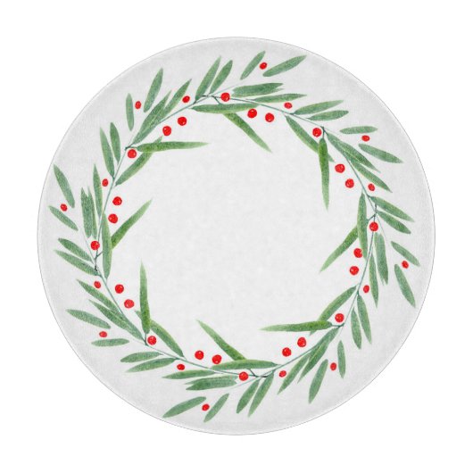 水彩色葉のリースと果実 カッティングボード (正面)