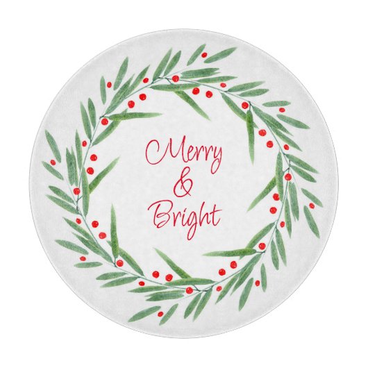 水彩色葉のリースと果実 カッティングボード (正面)