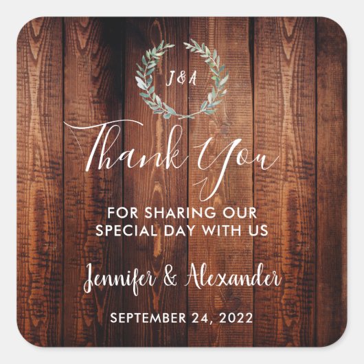 水彩色葉の素朴な木モノグラム感謝していユー スクエアシール (正面)