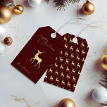 水彩色金ゴールドトナカイMerry Christmas Red ギフトタグ<br><div class="desc">暗い赤い色彩の鮮やかクリスマスのギフトラベルにトナモダンイをプランさせる手の水の色エレガントの金ゴールド</div>