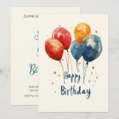 水彩色風船 誕生日 招待状 (正面/裏面)