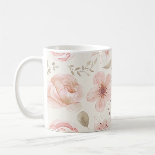 水彩花かわいらし桃色模様庭園 コーヒーマグカップ (左)