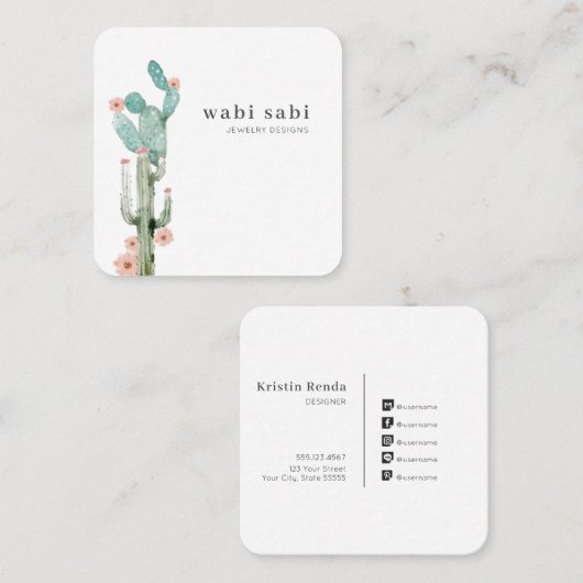 水彩花が咲くサボテンのソーシャルメディア スクエア名刺 (正面/裏面)