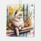水彩花が咲く窓のペルシャのベージュ猫 セラミックオーナメント (左)